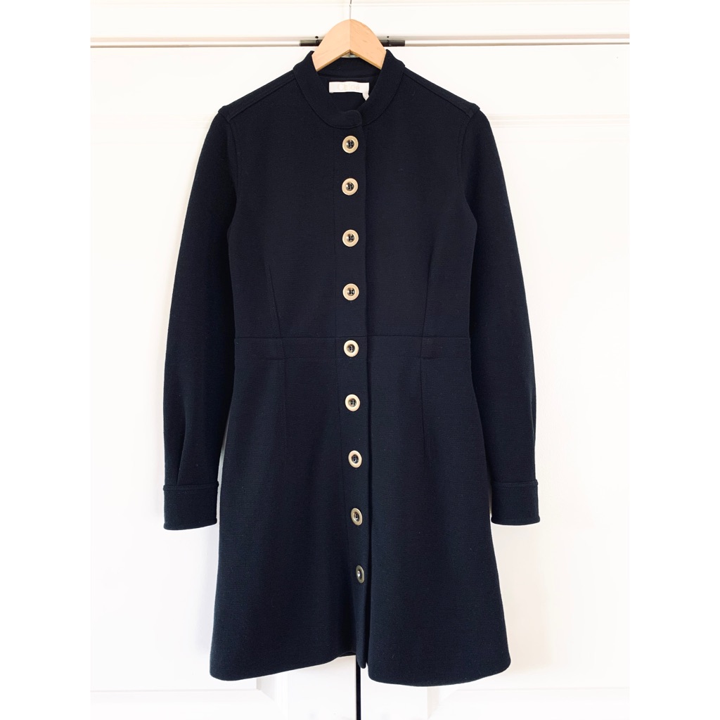 Chloe Dress Black Wool Button Front Long Sleeve Sheath Knit Military Fr 34 Us 2